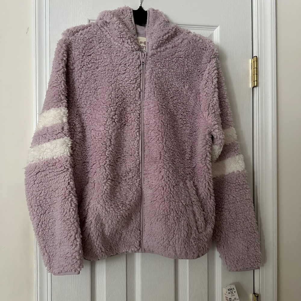 NWT SO Softest SHERPA Zippered Hoodie MED Light Purple with Stripes